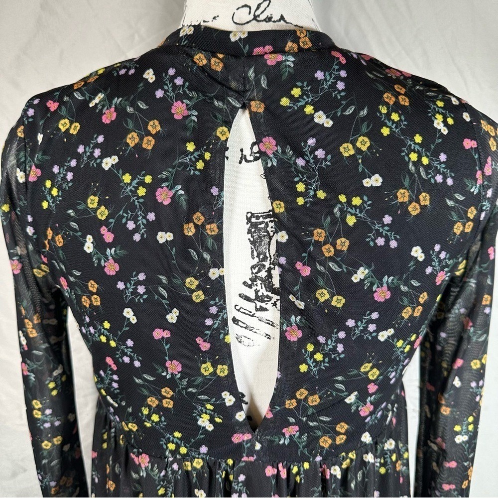 AFRM Baby Doll Mini Dress Women's XS Sheer Long Sleeved Black & Floral Design - Picture 6 of 8